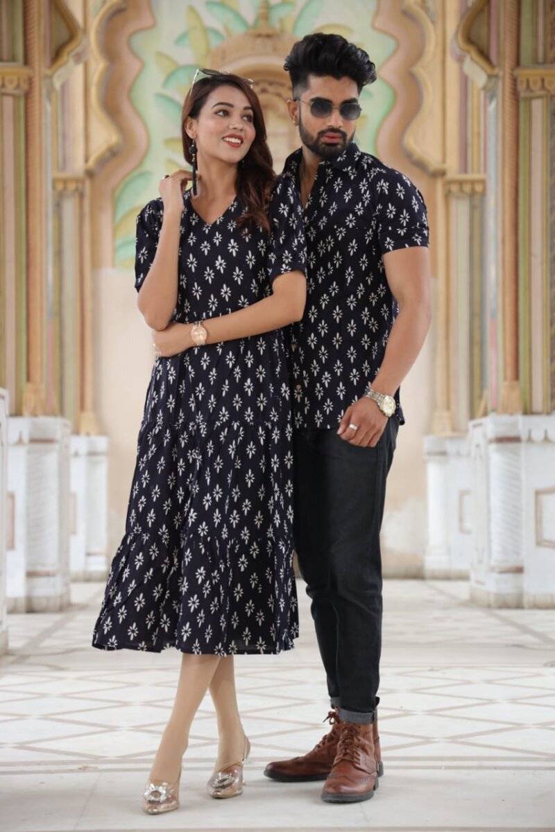 Starlit Garden Bagru Block Print Couple Set - Black & White Floral Cotton Dress & Shirt