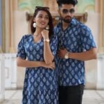 Ocean Fern Bagru Block Print Couple Set - Indigo Blue Cotton Dress & Shirt