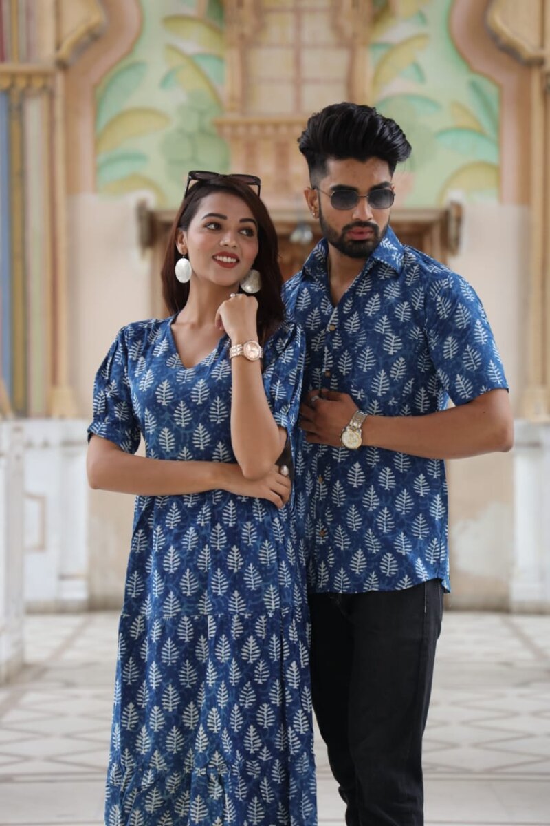 Ocean Fern Bagru Block Print Couple Set - Indigo Blue Cotton Dress & Shirt