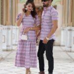Rose Prism Bagru Block Print Couple Set - Pink & Grey Geometric Cotton Dress & Shirt