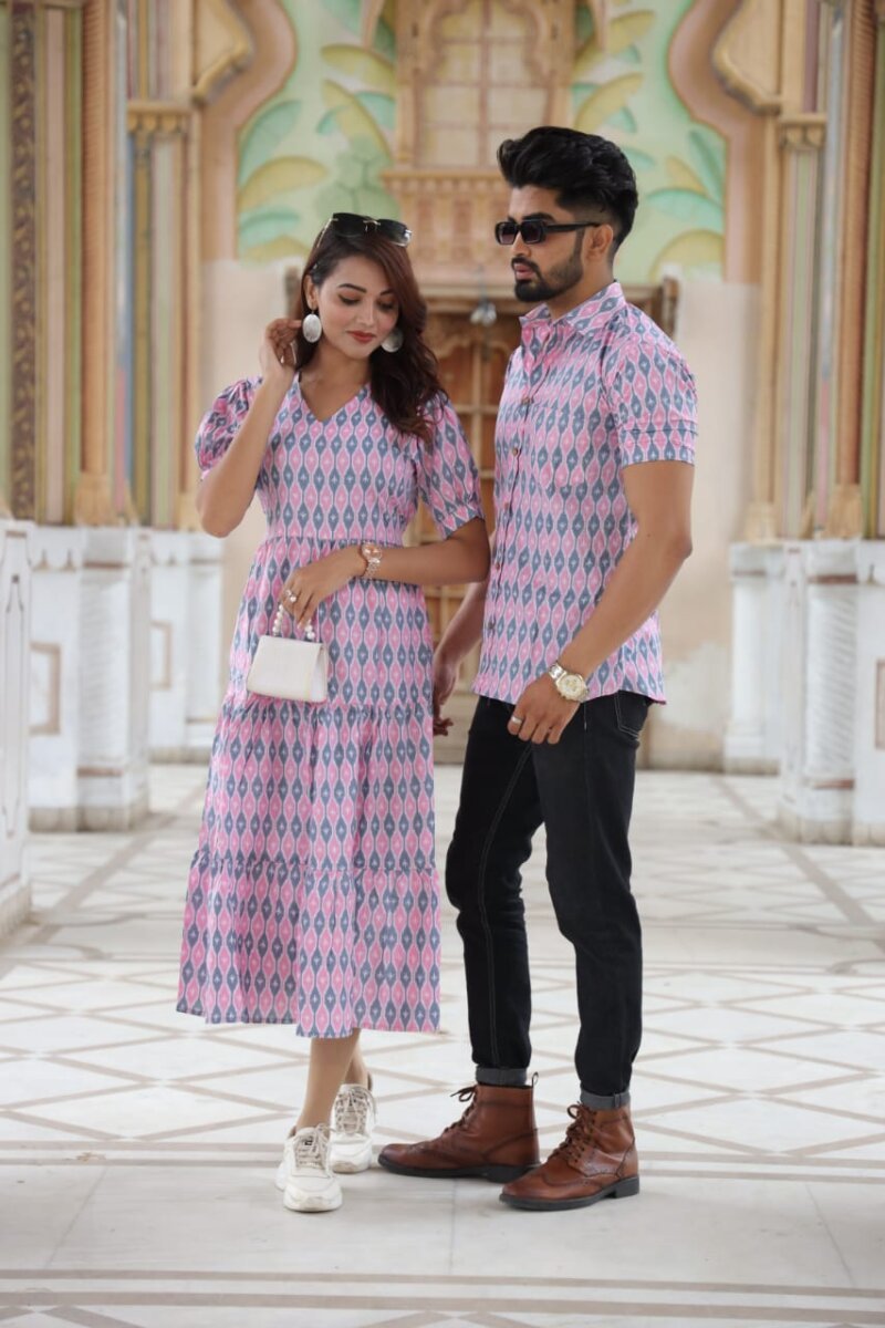 Rose Prism Bagru Block Print Couple Set - Pink & Grey Geometric Cotton Dress & Shirt