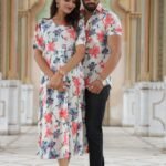 Coral Paradise Bagru Block Print Couple Set - White Floral Cotton Dress & Shirt