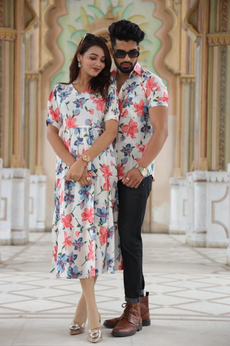 Coral Paradise Bagru Block Print Couple Set - White Floral Cotton Dress & Shirt