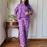 Royal Orchid Hand Block Printed Cotton Co-ord Set - Purple & White Three Piece Collection