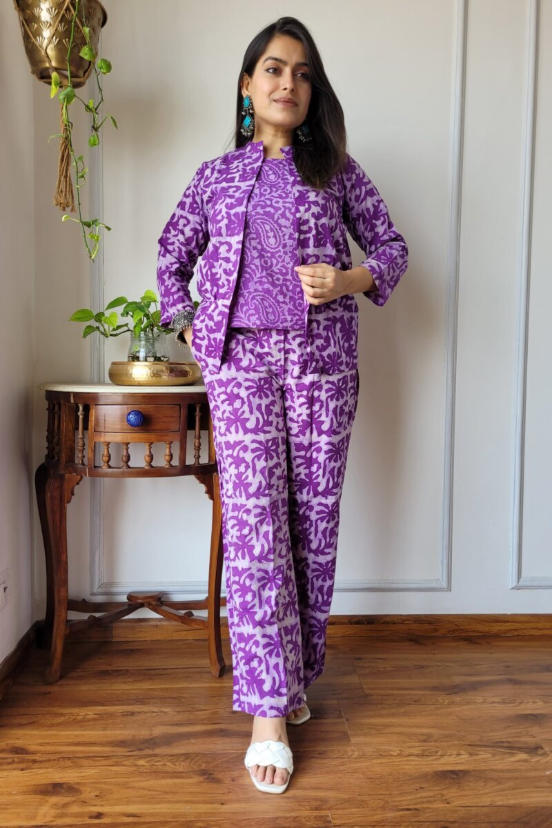 Royal Orchid Hand Block Printed Cotton Co-ord Set - Purple & White Three Piece Collection
