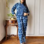 Ocean Bloom Hand Block Printed Cotton Co-ord Set - Navy & White Three Piece Ensemble