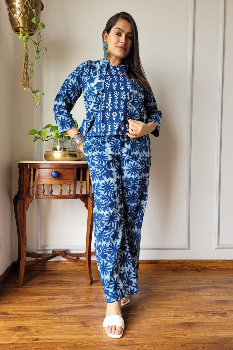 Ocean Bloom Hand Block Printed Cotton Co-ord Set - Navy & White Three Piece Ensemble