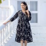 Midnight Garden Cotton Midi Dress - Black Floral Print A-Line Tunic