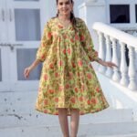 Spring Meadow Cotton Midi Dress - Lime Green Floral Print A-Line Tunic