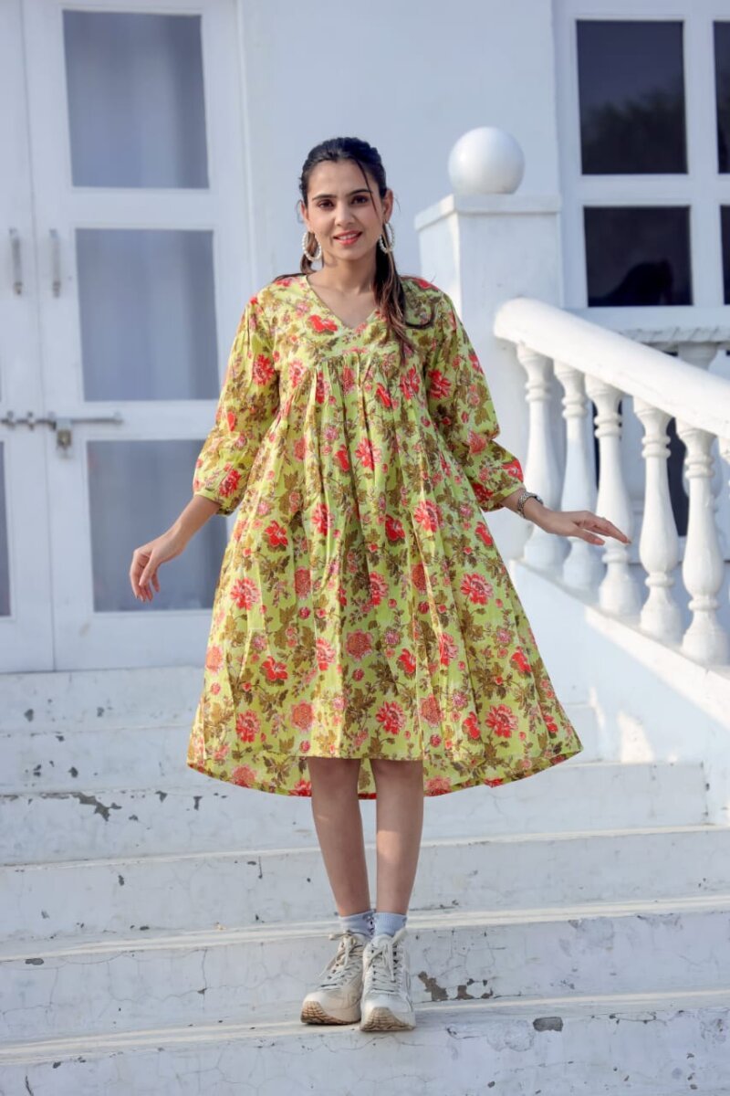 Spring Meadow Cotton Midi Dress - Lime Green Floral Print A-Line Tunic