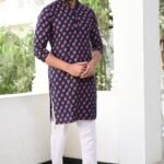 Navy Elegance: Hand Block Printed Paisley Kurta Set with White Pajama