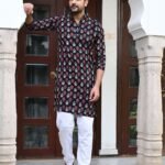 Midnight Garden: Black Kurta with White-Red Floral Block Print and Pajama