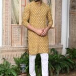 Sunshine Paisley: Mustard Yellow Block Printed Kurta and White Pajama Set