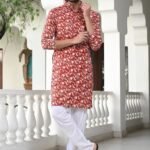 Red Whisper: Delicate Leaf Print Kurta Set with Contrast Pajama
