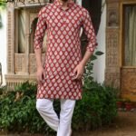 Crimson Foliage: Vibrant Red Kurta with White Leaf Block Print and Pajama