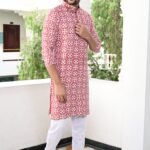 Blush Geometry: Pink Kurta Set with Modern Block Printed Patterns