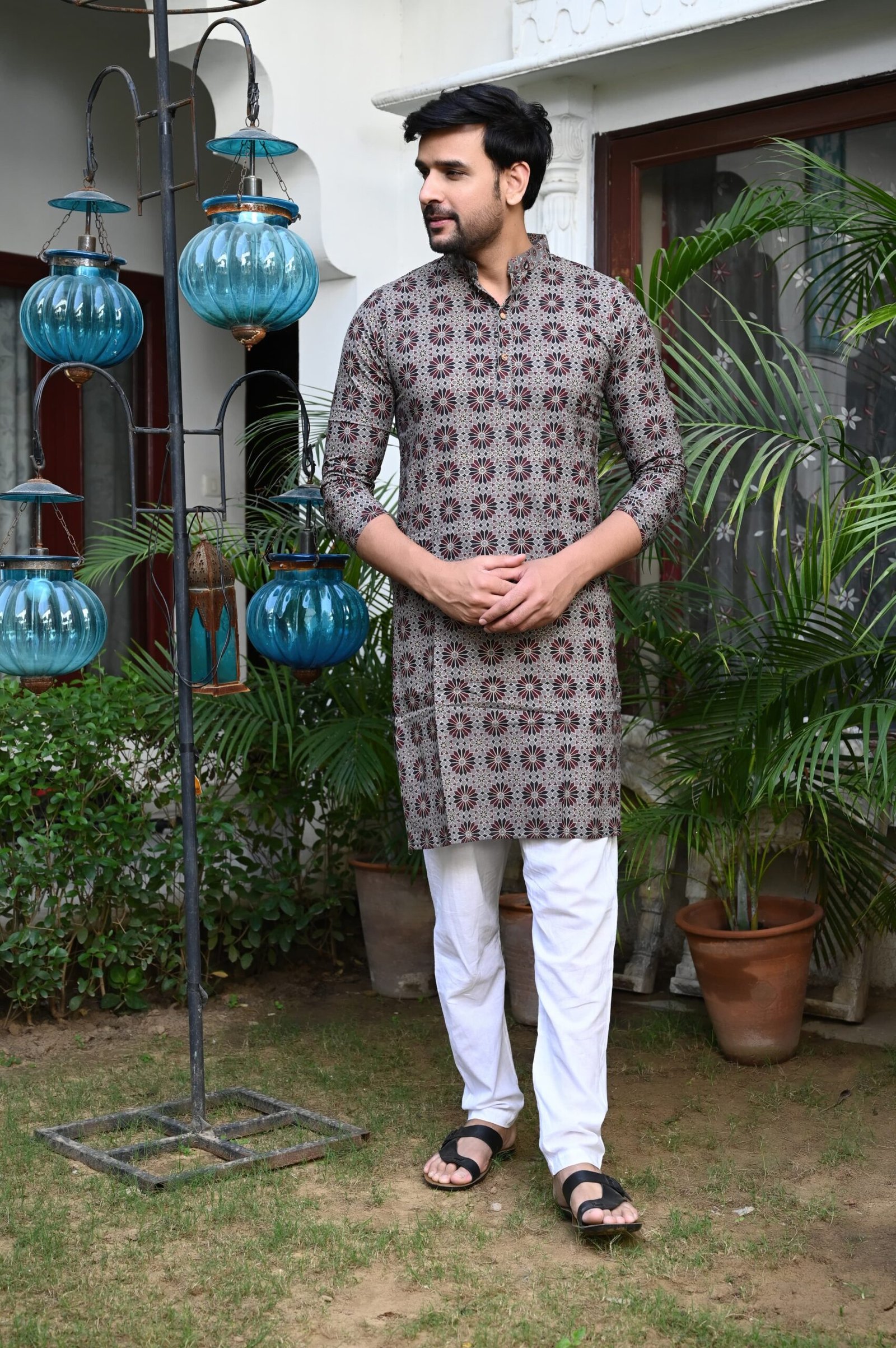 Charcoal Grey Sunflower Block Print Cotton Kurta Set - Traditional Elegance Collection