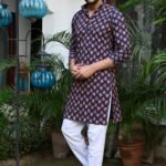Royal Navy Botanical Block Print Kurta Pajama - Heritage Leaf Pattern Series