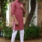 Maroon Bloom: Floral Block Print Cotton Kurta and Pajama Ensemble