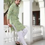 Mint Meadow: Yellow Floral Block Printed Kurta Set for Men